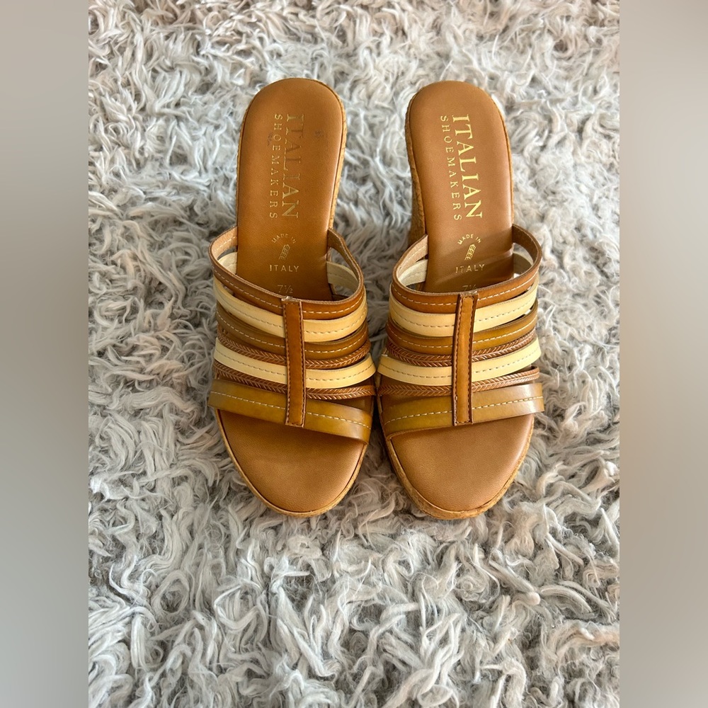 Italian Shoemakers Tan and Cream Leather Wedge Sandals